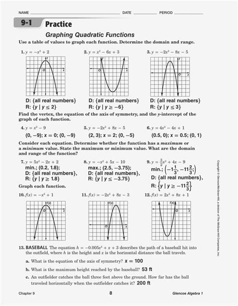 algebra 1 quadratic functions worksheet